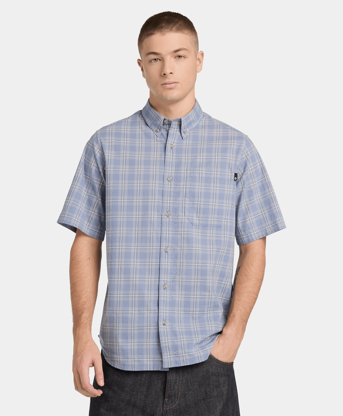 Camisa de manga corta de popelín a cuadros para hombre